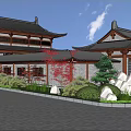 Ancient Chinese Architecture With Traditional Roof Overhanging Eaves Wooden Structure And Garden Landscaping
