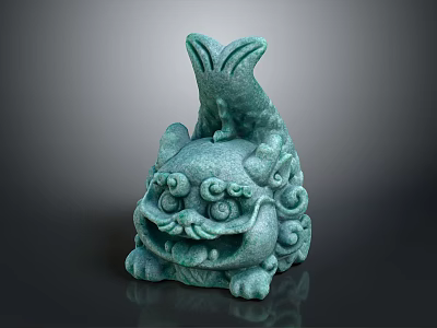 Green Mythical Beast Sculpture With Lion Like Figure And Fish Decoration On Top 3d model