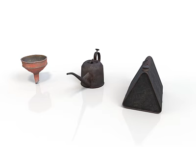 Rustic Household Items Collection With Funnel Watering Can And Triangular Container 3d model