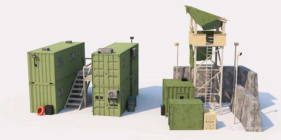 Military Green Roadside Facilities With Containers Watchtower Ladders And Storage Boxes 3d model 