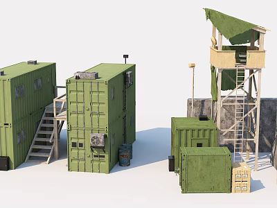 Military Green Roadside Facilities With Containers Watchtower Ladders And Storage Boxes 3d model