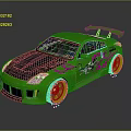 Green Sports Car with Carbon Fiber Hood Pink Graphics Rear Spoiler and Orange Wheels