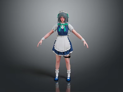 Woman in Blue and White Maid Outfit with Green Hair and Apron 3d model