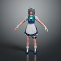 Woman in Blue and White Maid Outfit with Green Hair and Apron