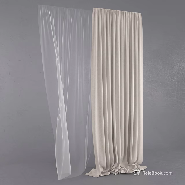 Elegant Sheer White And Beige Fabric Curtains For Modern Window Treatment 3d model 