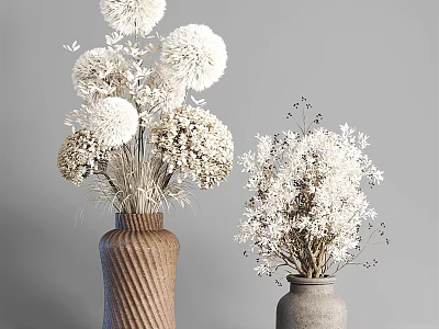 White Dried Flowers Arranged In Brown Twisted Pattern Vase And Gray Vase 3d model