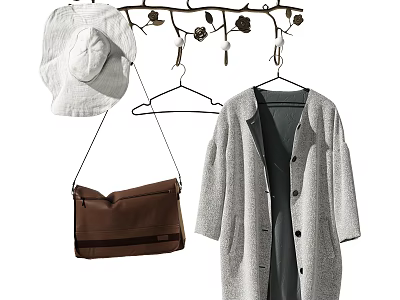 Stylish Clothes Hanger With White Hat Gray Coat And Brown Bag 3d model