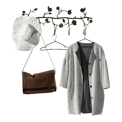 Stylish Clothes Hanger With White Hat Gray Coat And Brown Bag 3d model