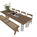 Wooden Dining Table Set With Chairs Bench Potted Plant And Decorative Tray