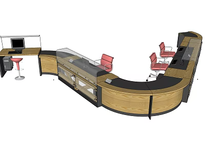 Modern Curved Reception Desk With Wooden Finish Red Chairs And Computer 3d model
