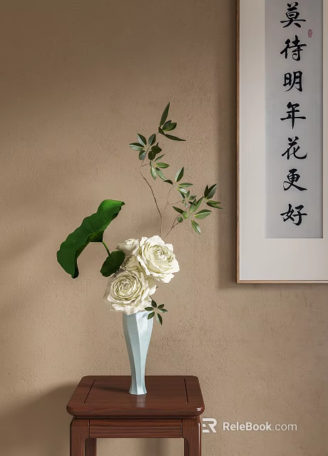 Ceramic Vase on Beige Wall with White Roses Lotus Leaf Green Foliage and Framed Calligraphy 3d model 