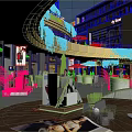 Illuminated Commercial Street with Multi storey Buildings Shops Dining Areas and Green Plants Evening Atmosphere