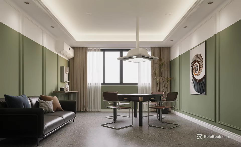 Modern Hotel Mahjong Room Featuring Green Walls Black Leather Sofa Table Chairs and Decorative Art 3d model 