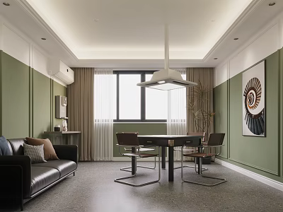 Modern Hotel Mahjong Room Featuring Green Walls Black Leather Sofa Table Chairs and Decorative Art 3d model
