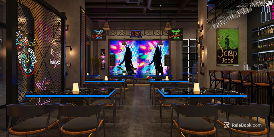 Modern Bar Interior With Neon Lights Large Screen And Stylish Seating 3d model