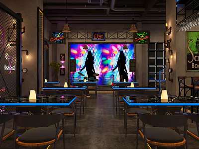 Modern Bar Interior With Neon Lights Large Screen And Stylish Seating 3d model