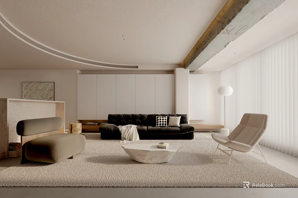 Modern Living Room Interior Design With Black Sofa Beige Armchair White Coffee Table And Rug 3d model