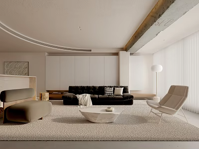 Modern Living Room Interior Design With Black Sofa Beige Armchair White Coffee Table And Rug 3d model