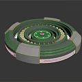 Futuristic Circular Building Structure With Metallic Multi Layered Rings And Red Accents