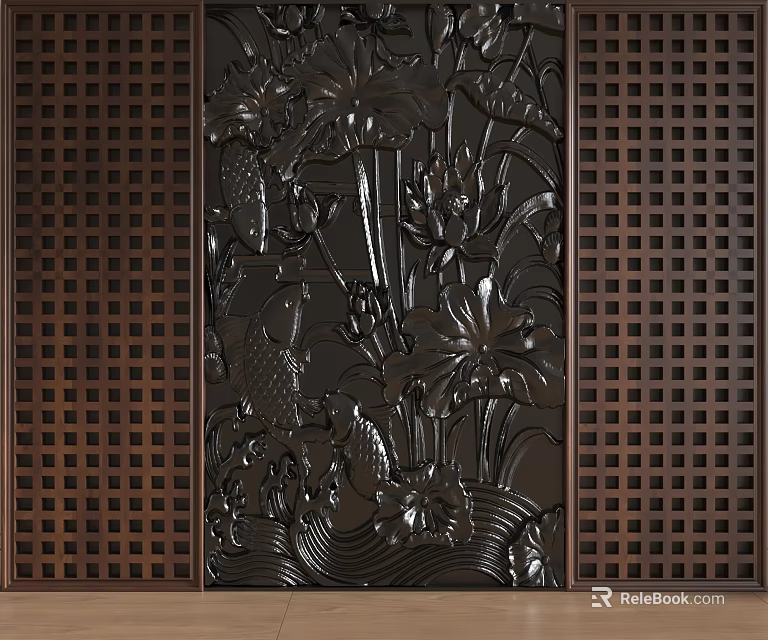 Brown Wooden Carved Background Wall With Lotus Fish Patterns And Grid Panels 3d model 