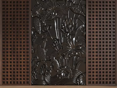 Brown Wooden Carved Background Wall With Lotus Fish Patterns And Grid Panels 3d model