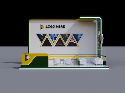 Modern Exhibition Booth Design With Logo Area Triangular Screens And White Seating 3d model