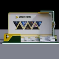 Modern Exhibition Booth Design With Logo Area Triangular Screens And White Seating