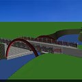 Red Arch Bridge Spanning Blue River With White Railings And Green Grass