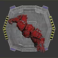 Red Mechanical Creature Character In Dynamic Stance On Hexagonal Platform Base