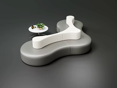 Modern Abstract Shape Sofa In Gray White Leather Upholstery With Side Table And Green Plant 3d model
