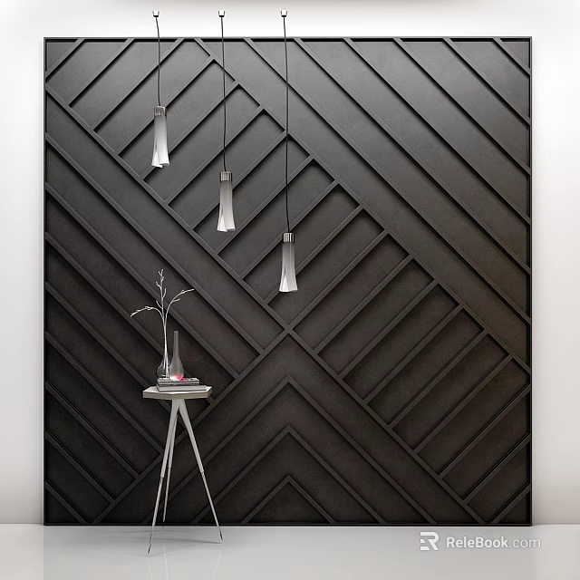 Black Diagonal Wooden Slat Wall With Hanging Pendant Lights And Decorative Table 3d model 