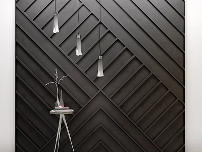 Black Diagonal Wooden Slat Wall With Hanging Pendant Lights And Decorative Table 3d model