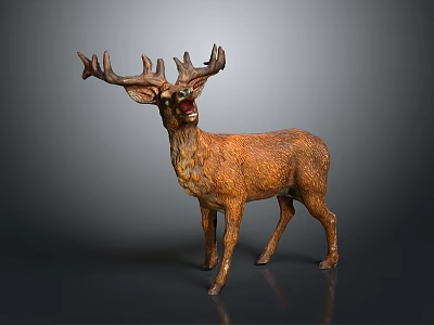 Realistic Deer Sculpture With Large Antlers Open Mouth And Standing Pose 3d model