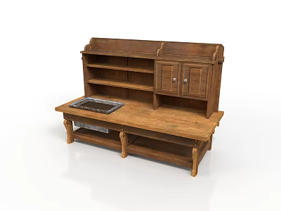 Rustic Solid Wooden Kitchen Storage Cabinet With Open Shelves Countertop And Drawers 3d model