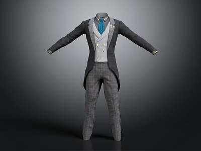 Men's Formal Tailcoat Outfit With White Vest Plaid Pants And Blue Tie 3d model