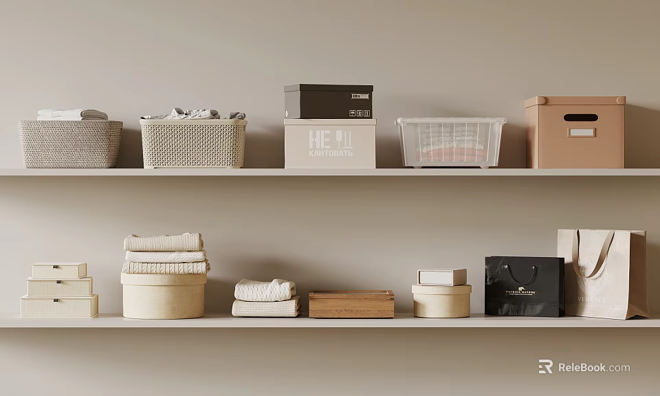 Folded Clothes Organized on Wall Shelves with Woven Baskets and Storage Containers 3d model 