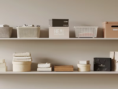 Folded Clothes Organized on Wall Shelves with Woven Baskets and Storage Containers 3d model