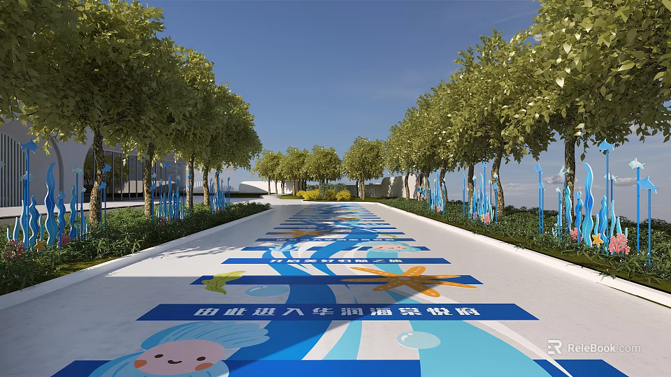 Decorative Floor Stickers On Road With Trees Blue Patterns And Cartoon Characters 3d model 