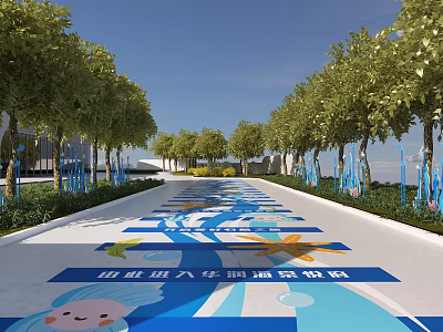 Decorative Floor Stickers On Road With Trees Blue Patterns And Cartoon Characters 3d model