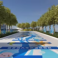 Decorative Floor Stickers On Road With Trees Blue Patterns And Cartoon Characters