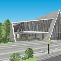 Modern Sales Office Building With Triangular Glass Facade Wooden Frame And Spacious Entrance Area