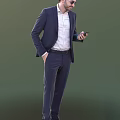 A Man In Navy Blue Business Suit Holding Mobile Phone Standing Against Neutral Background
