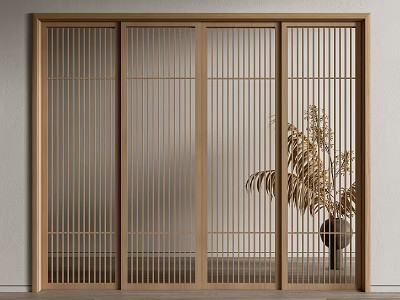 Wooden Sliding Doors With Japanese Style Grid Design And Potted Plants 3d model