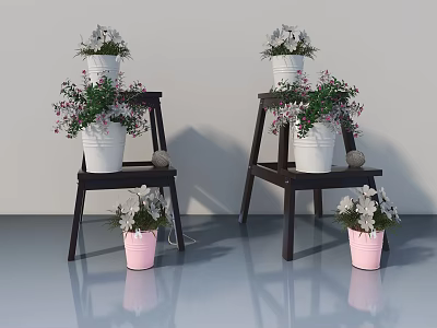 Elegant Wooden Swing Door with Dark Ladders White Flower Pots and Green Plants 3d model