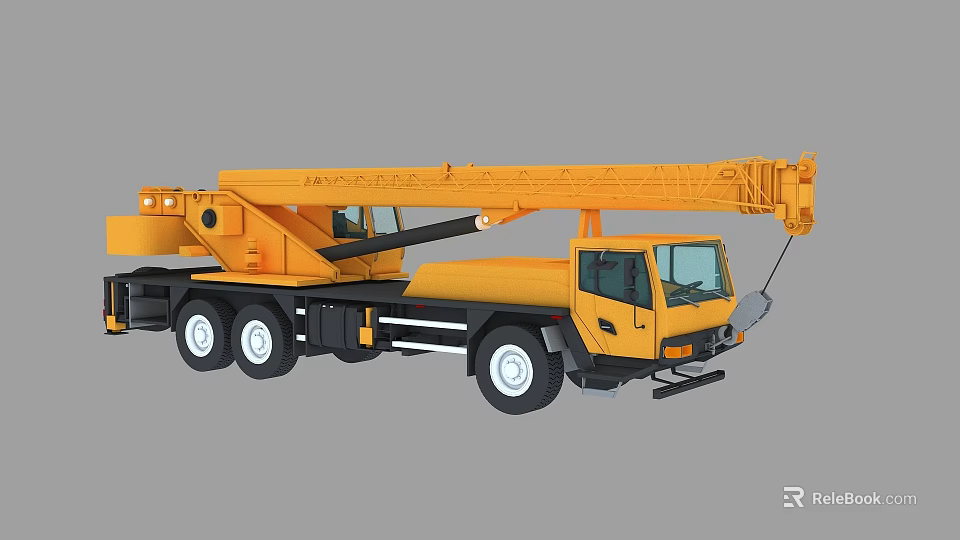 Yellow Heavy Duty Truck Crane with Extended Boom Wheeled Chassis and Cabin 3d model 