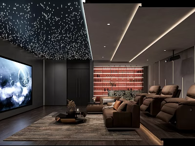 Luxury Home Theater Interior With Starry Ceiling Large Screen And Sofas 3d model