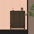 Modern Wooden Entryway Side Cabinet With Lattice Doors And Decorative Ornaments On Top
