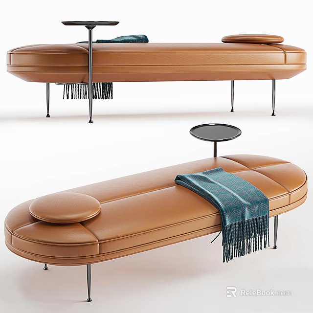 Brown Leather Sofa Bench With Fringed Blue Blanket And Small Round Table 3d model 