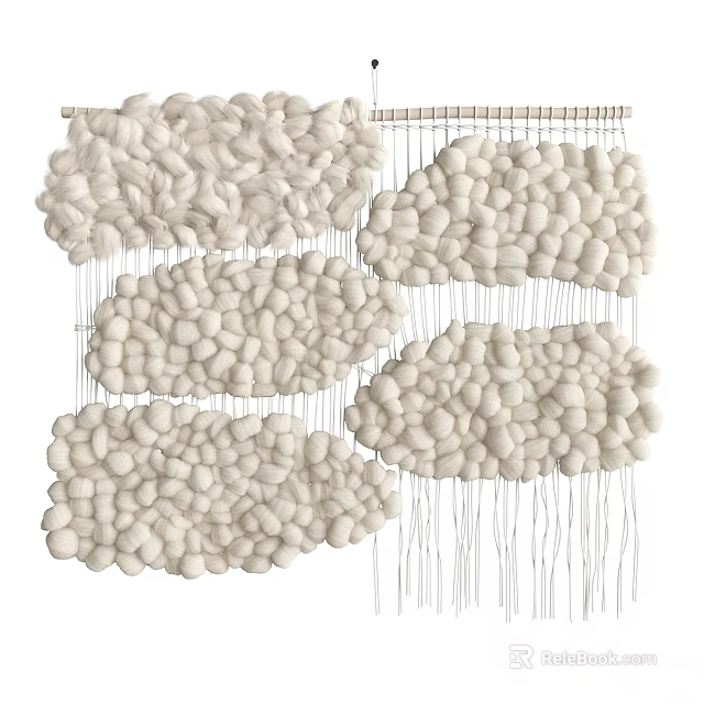 Handcrafted White Wool Ball Macramé Wall Hanging with Irregular Shapes 3d model 