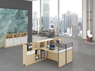 Modern Wooden Office Desk With Partition And Storage In Urban View Office Space 3d model